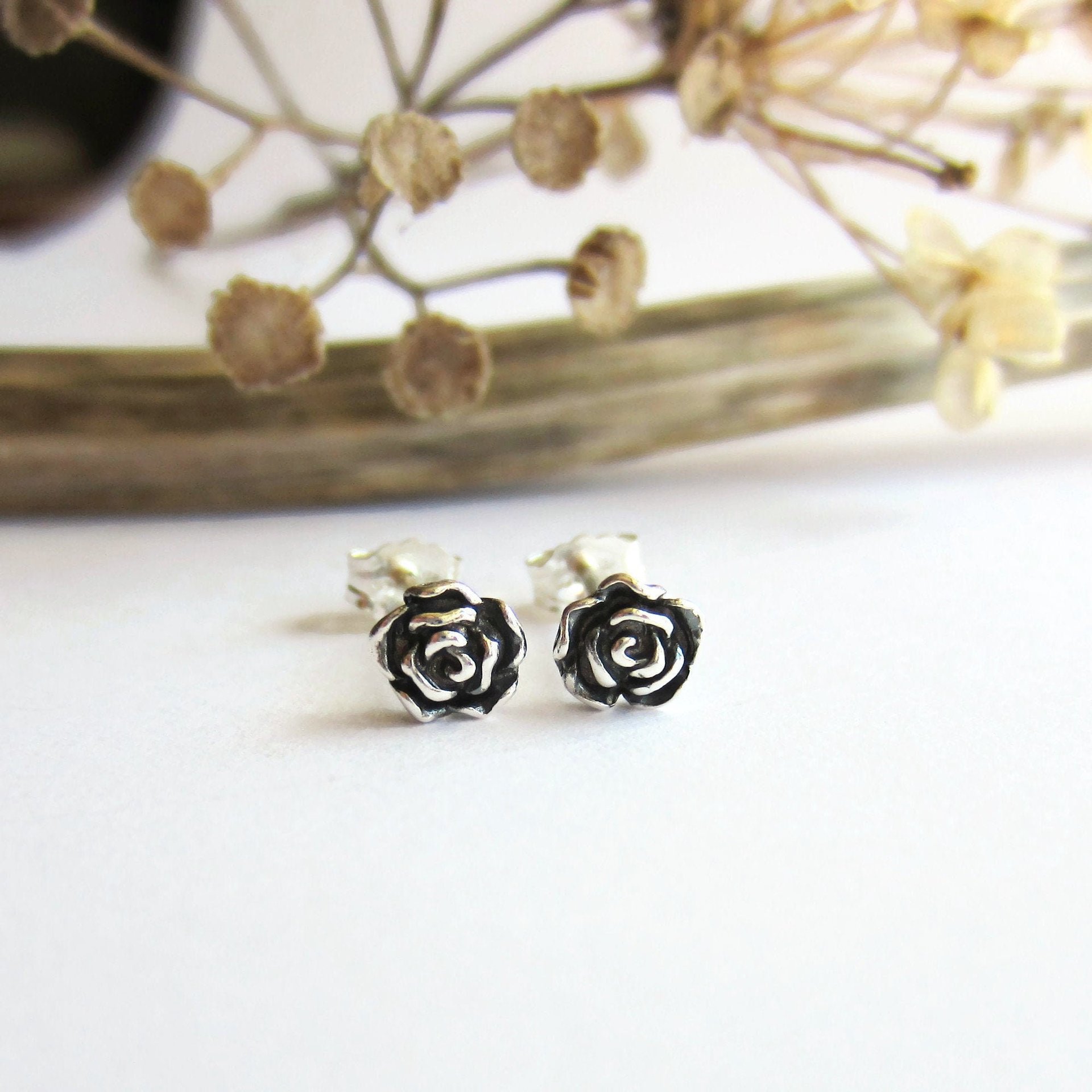 Oxidised Tiny Fine Silver Rose Stud Earrings ~ June Birth Flower ~ Handmade by The Tiny Tree Frog Jewellery