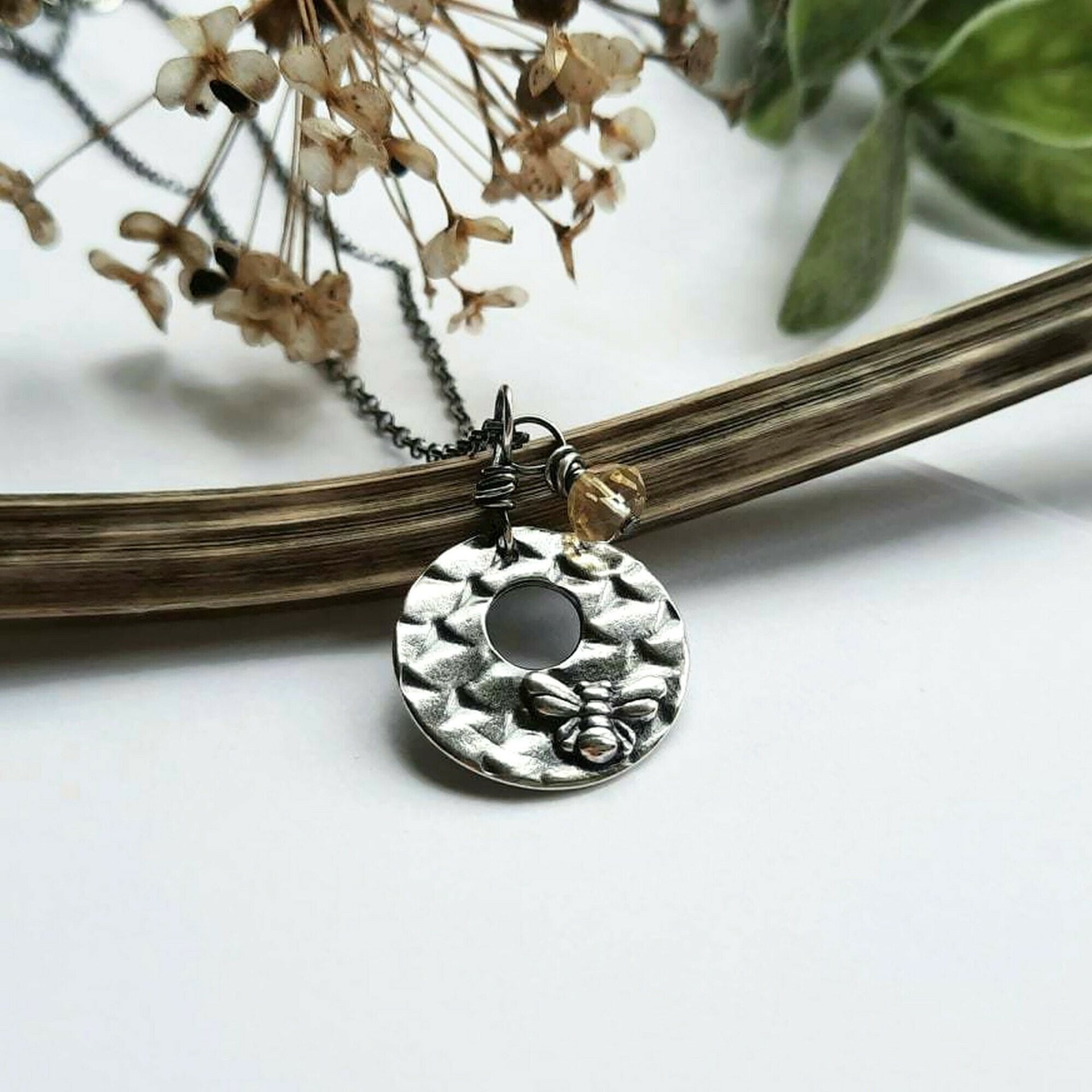 Oxidised Fine Silver Bee Necklace with Citrine Gemstone Charm ~ November Birthstone ~ Handmade by The Tiny Tree Frog Jewellery