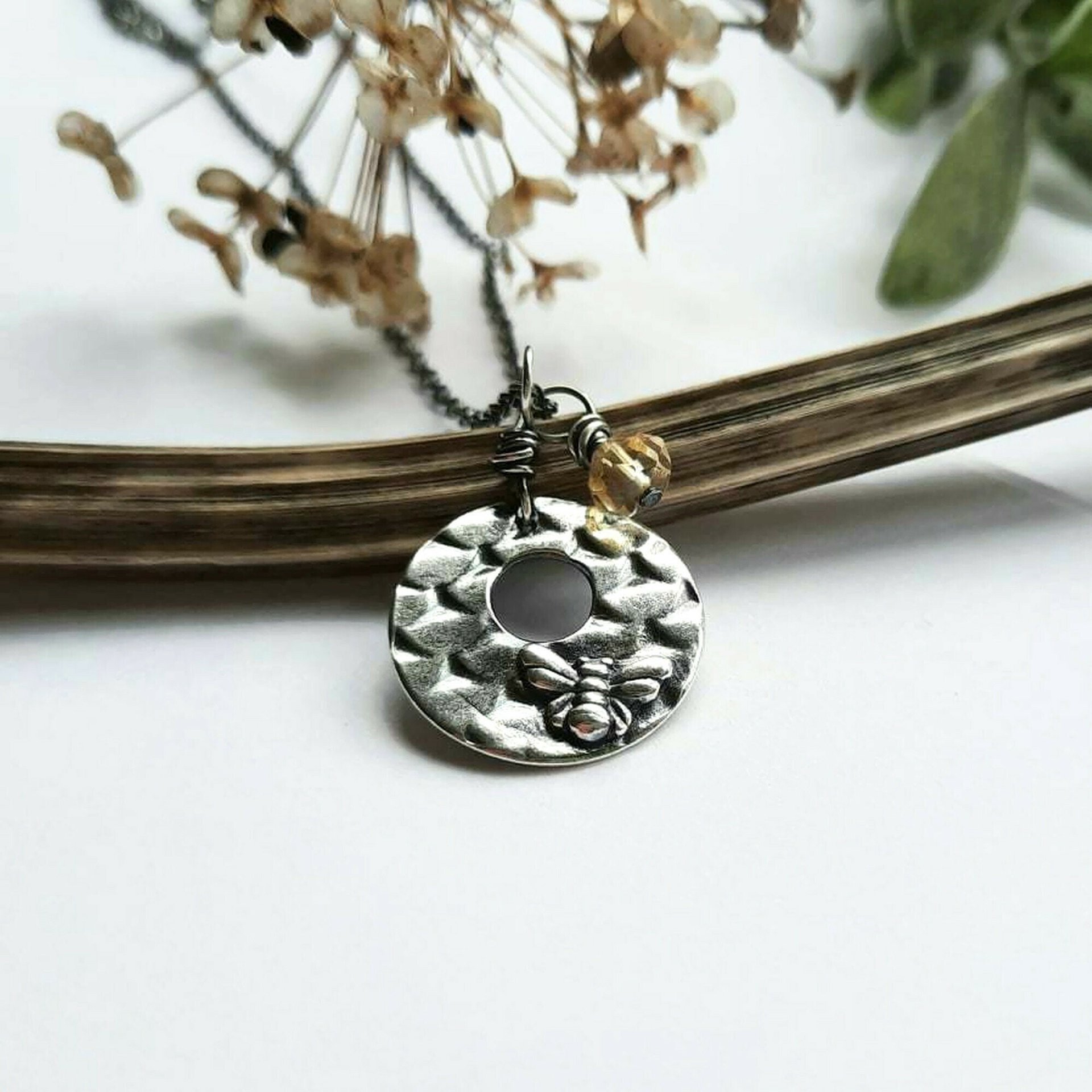 Oxidised Fine Silver Bee Necklace with Citrine Gemstone Charm ~ November Birthstone ~ Handmade by The Tiny Tree Frog Jewellery