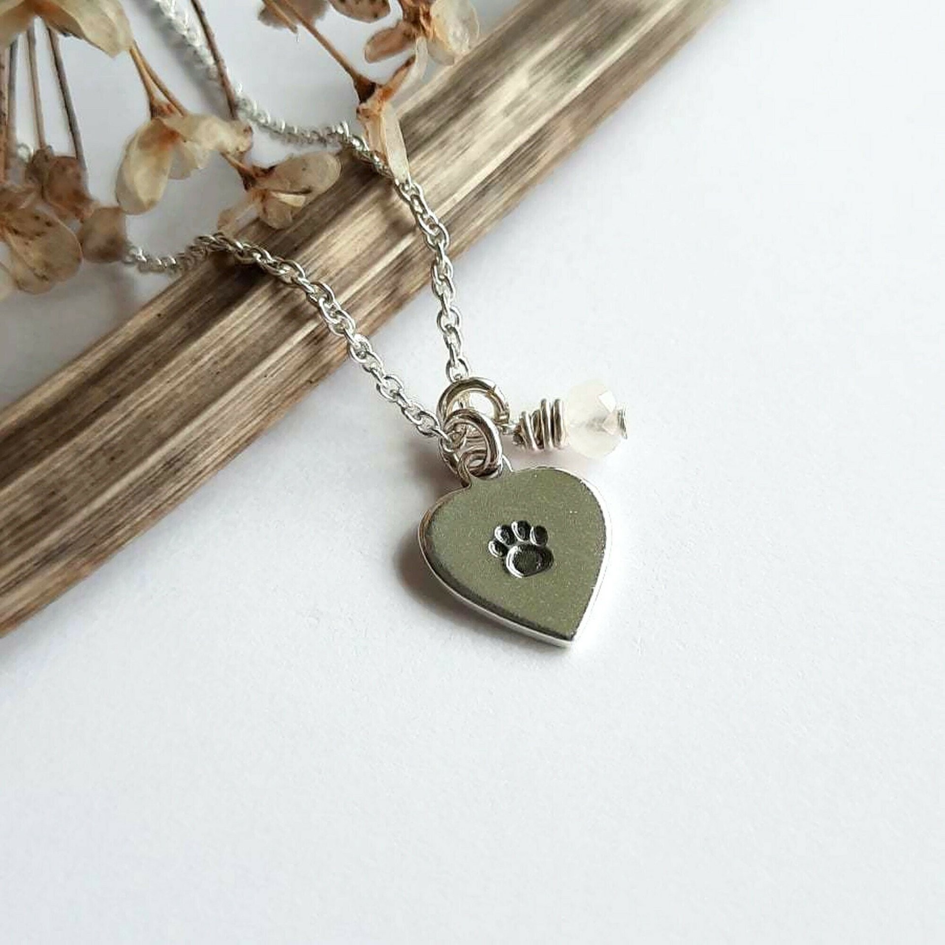 Silver Paw Print Heart Necklace with Rose Quartz Charm ~ Handmade by The Tiny Tree Frog Jewellery
