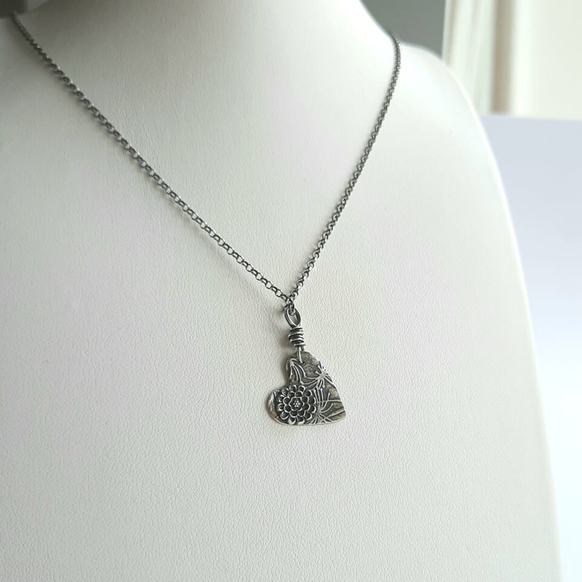 Oxidised Fine Silver Heart Shaped Flower Necklace ~ Handmade by The Tiny Tree Frog Jewellery