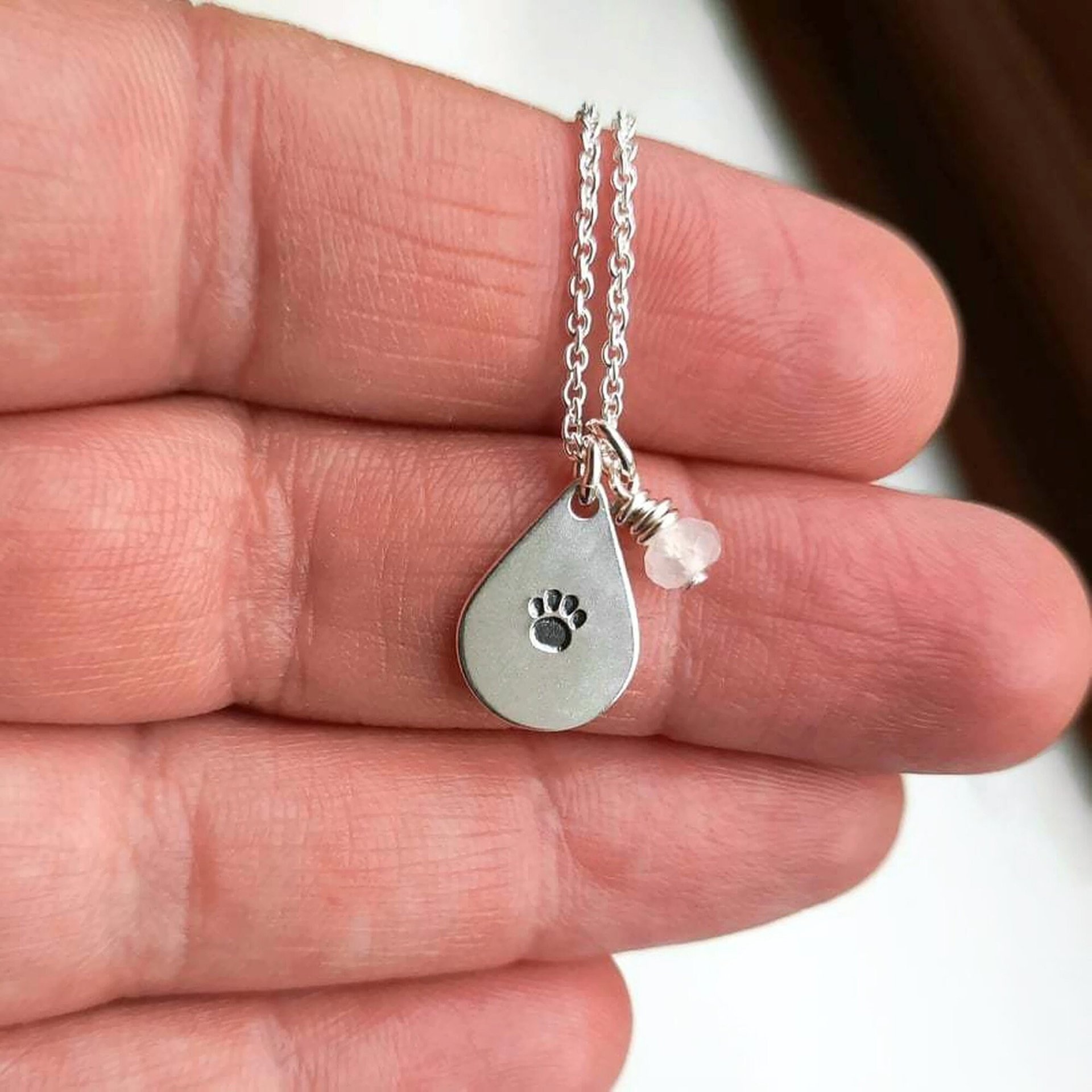 Silver Paw Print Teardrop Necklace with Rose Quartz Charm ~ Handmade by The Tiny Tree Frog Jewellery