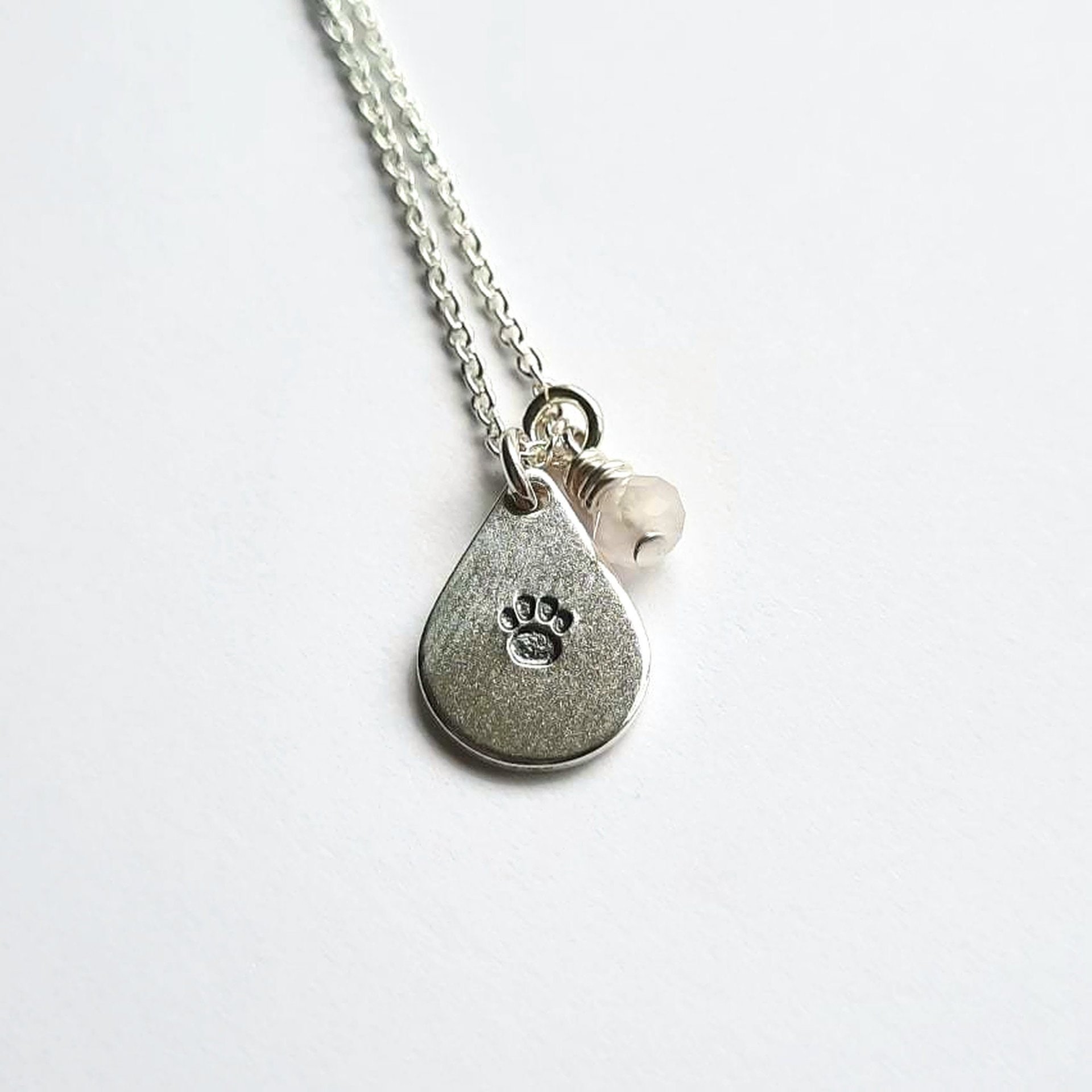 Silver Paw Print Teardrop Necklace with Rose Quartz Charm ~ Handmade by The Tiny Tree Frog Jewellery