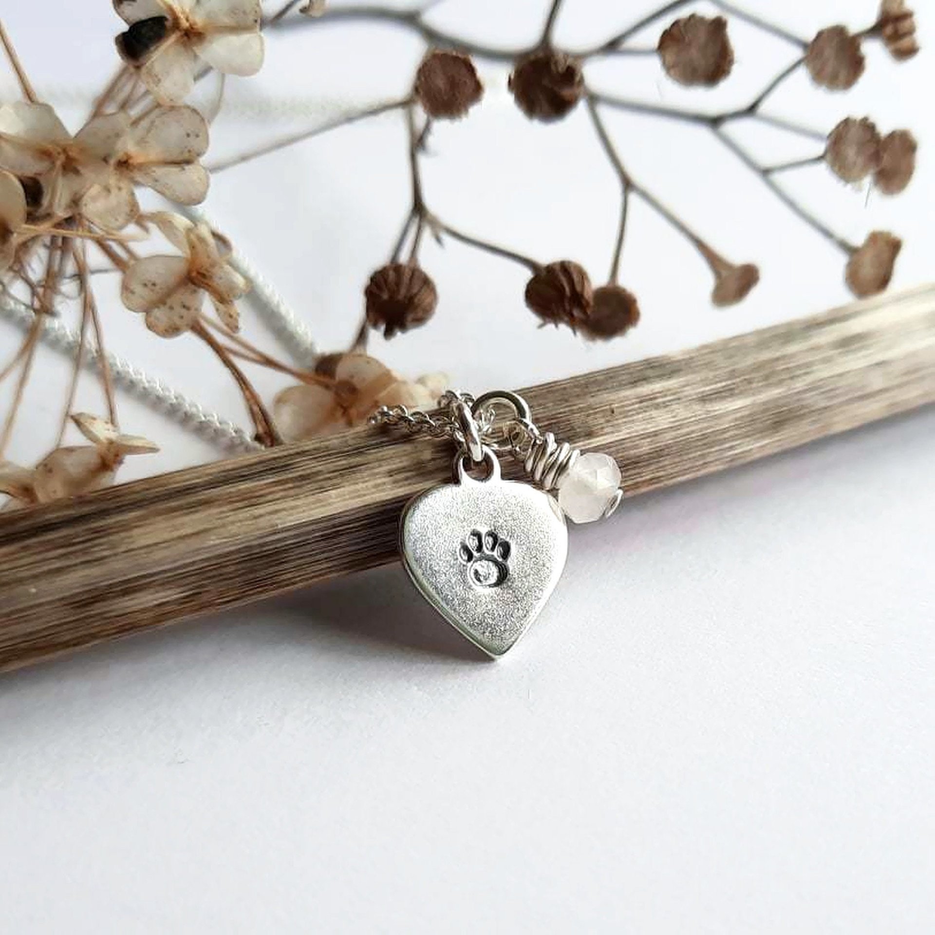Silver Paw Print Heart Necklace with Rose Quartz Charm ~ Handmade by The Tiny Tree Frog Jewellery