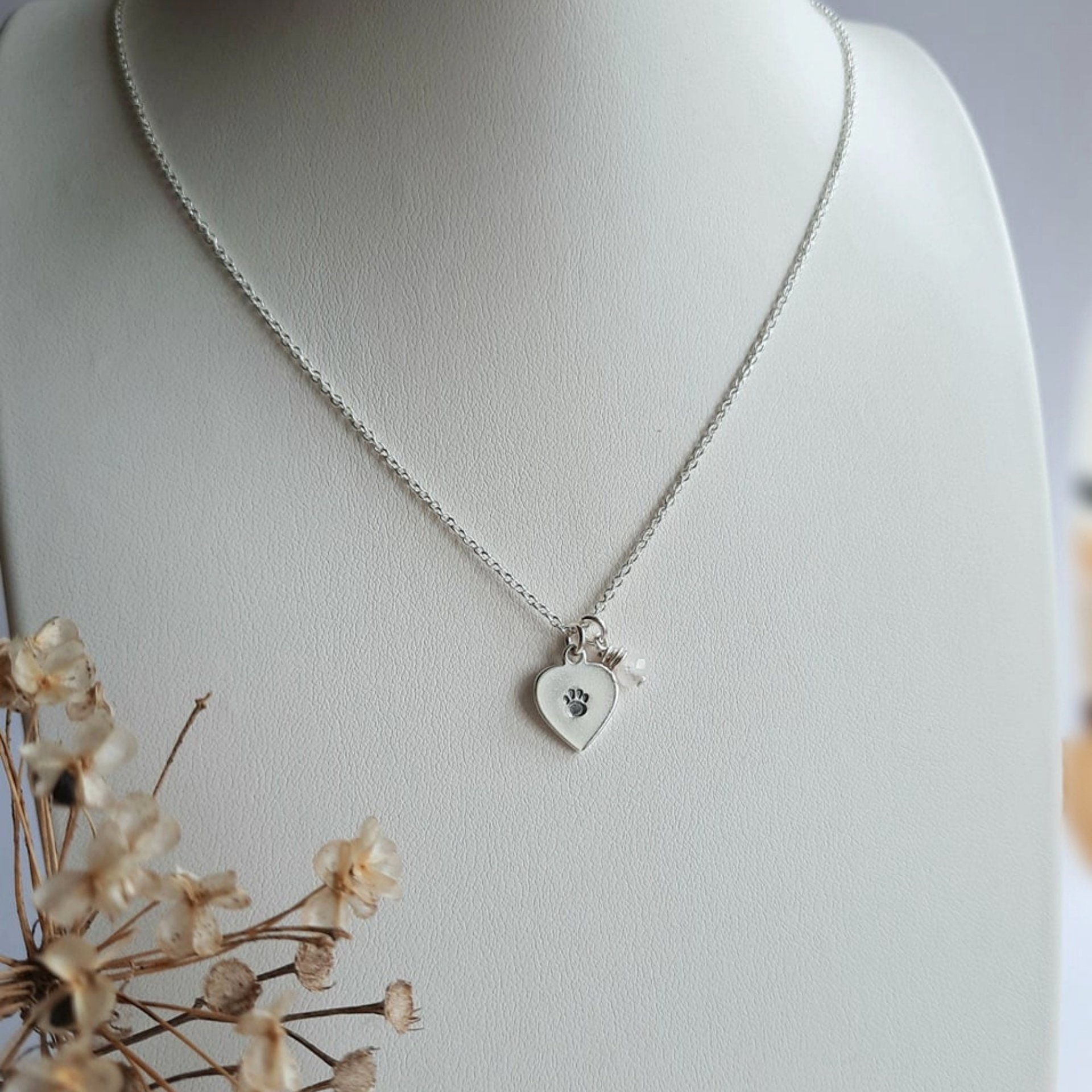 Silver Paw Print Heart Necklace with Rose Quartz Charm ~ Handmade by The Tiny Tree Frog Jewellery