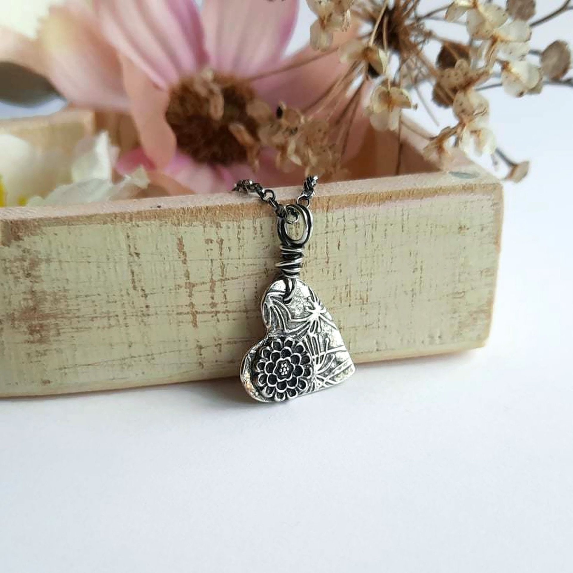 Oxidised Fine Silver Heart Shaped Flower Necklace ~ Handmade by The Tiny Tree Frog Jewellery