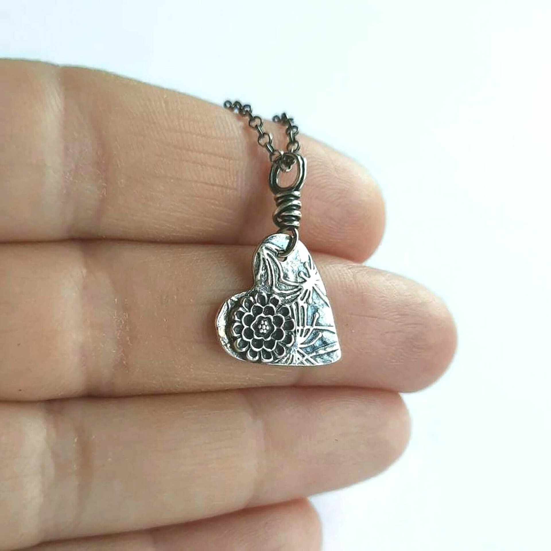 Oxidised Fine Silver Heart Shaped Flower Necklace ~ Handmade by The Tiny Tree Frog Jewellery