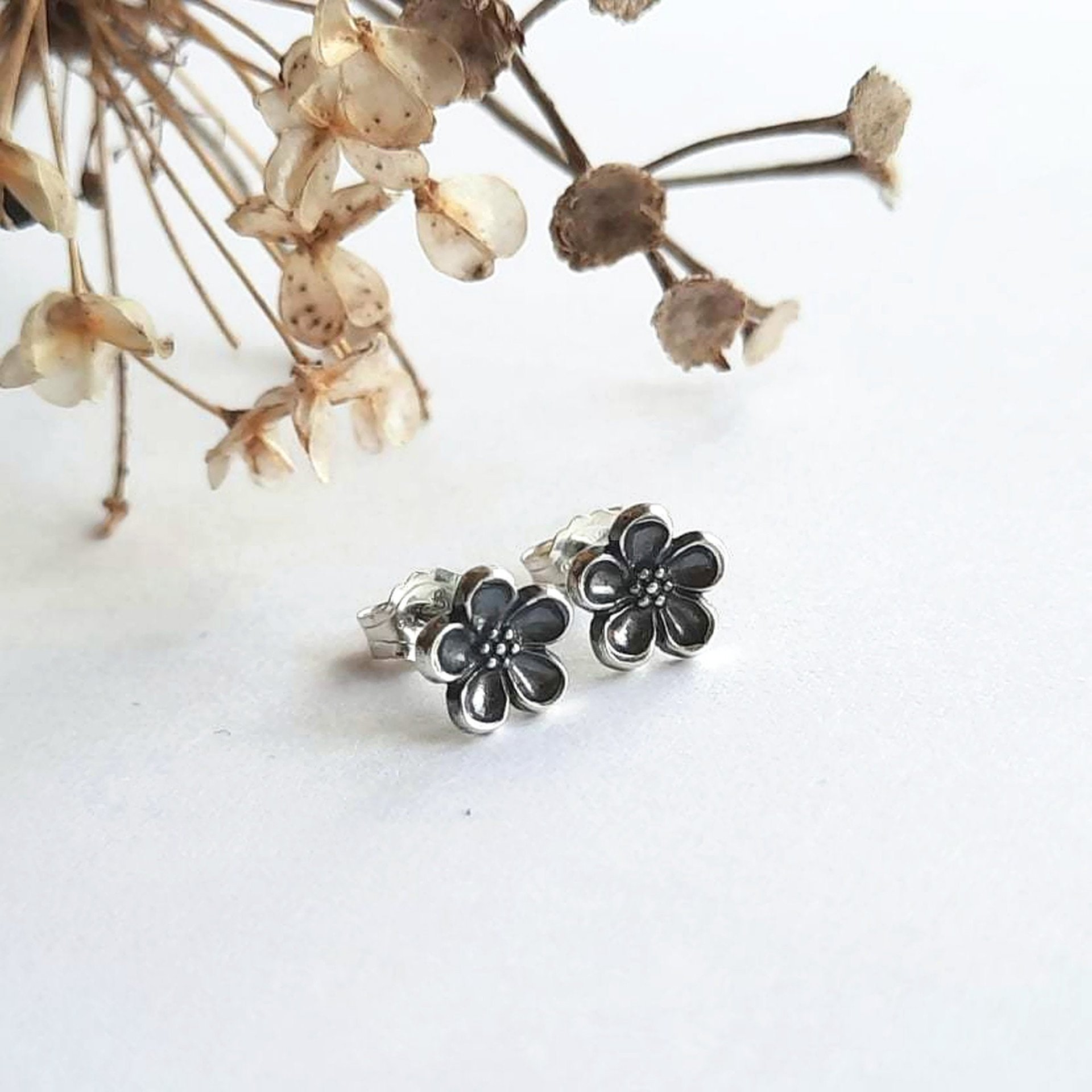 Oxidised Fine Silver Forget Me Not Stud Earrings ~ Handmade by The Tiny Tree Frog Jewellery