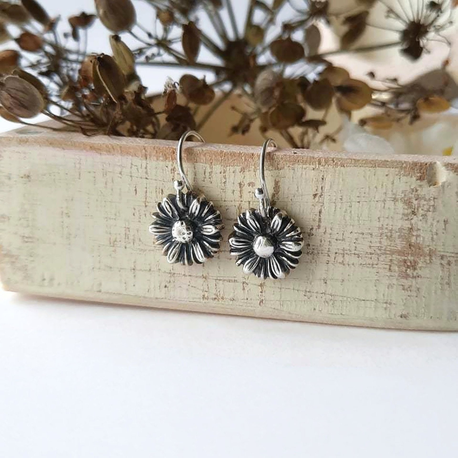 Oxidised Fine Silver Daisy Drop Earrings ~ April Birth Flower ~ Handmade by The Tiny Tree Frog Jewellery