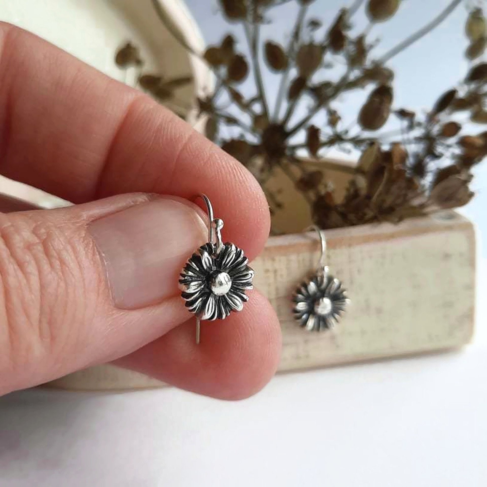 Oxidised Fine Silver Daisy Drop Earrings ~ April Birth Flower ~ Handmade by The Tiny Tree Frog Jewellery