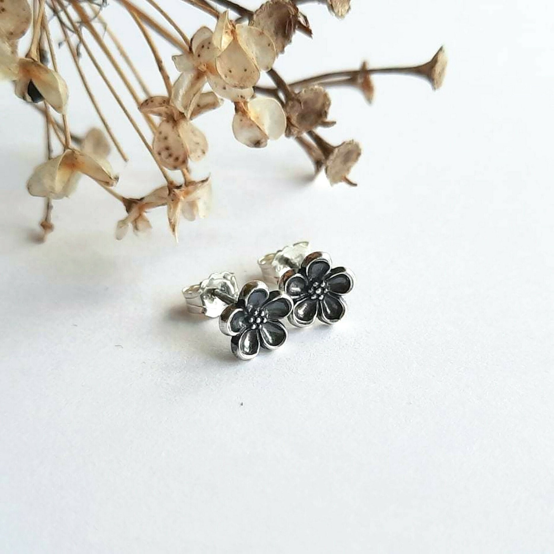 Oxidised Fine Silver Forget Me Not Stud Earrings ~ Handmade by The Tiny Tree Frog Jewellery