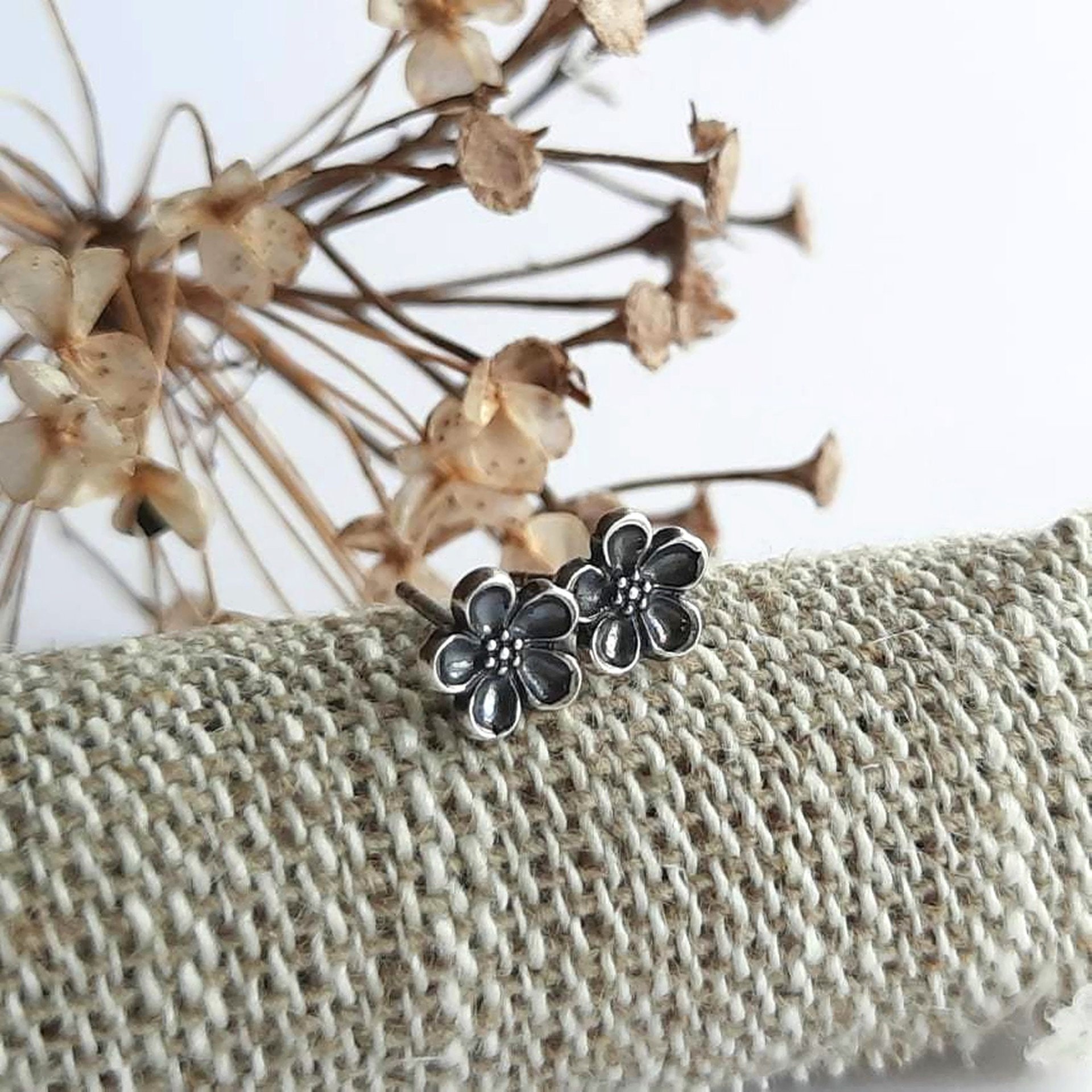 Oxidised Fine Silver Forget Me Not Stud Earrings ~ Handmade by The Tiny Tree Frog Jewellery