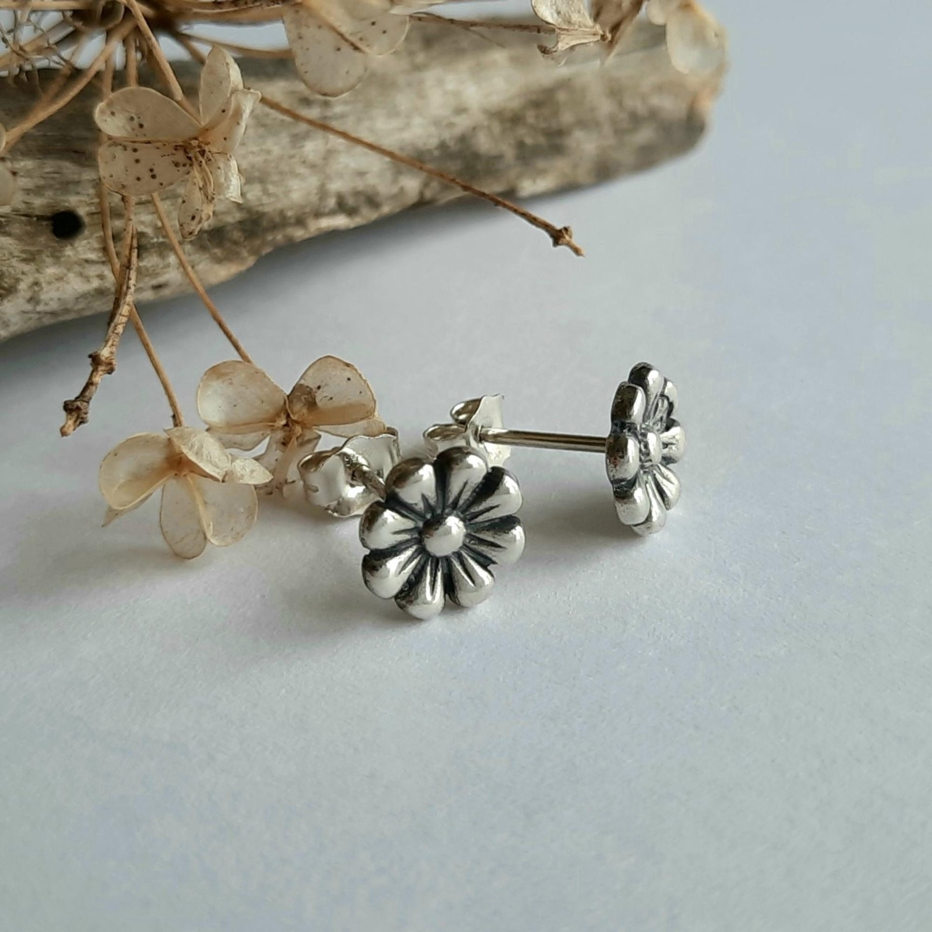 Oxidised Fine Silver Daisy Stud Earrings ~ April Birth Flower Studs ~ Handmade by The Tiny Tree Frog Jewellery