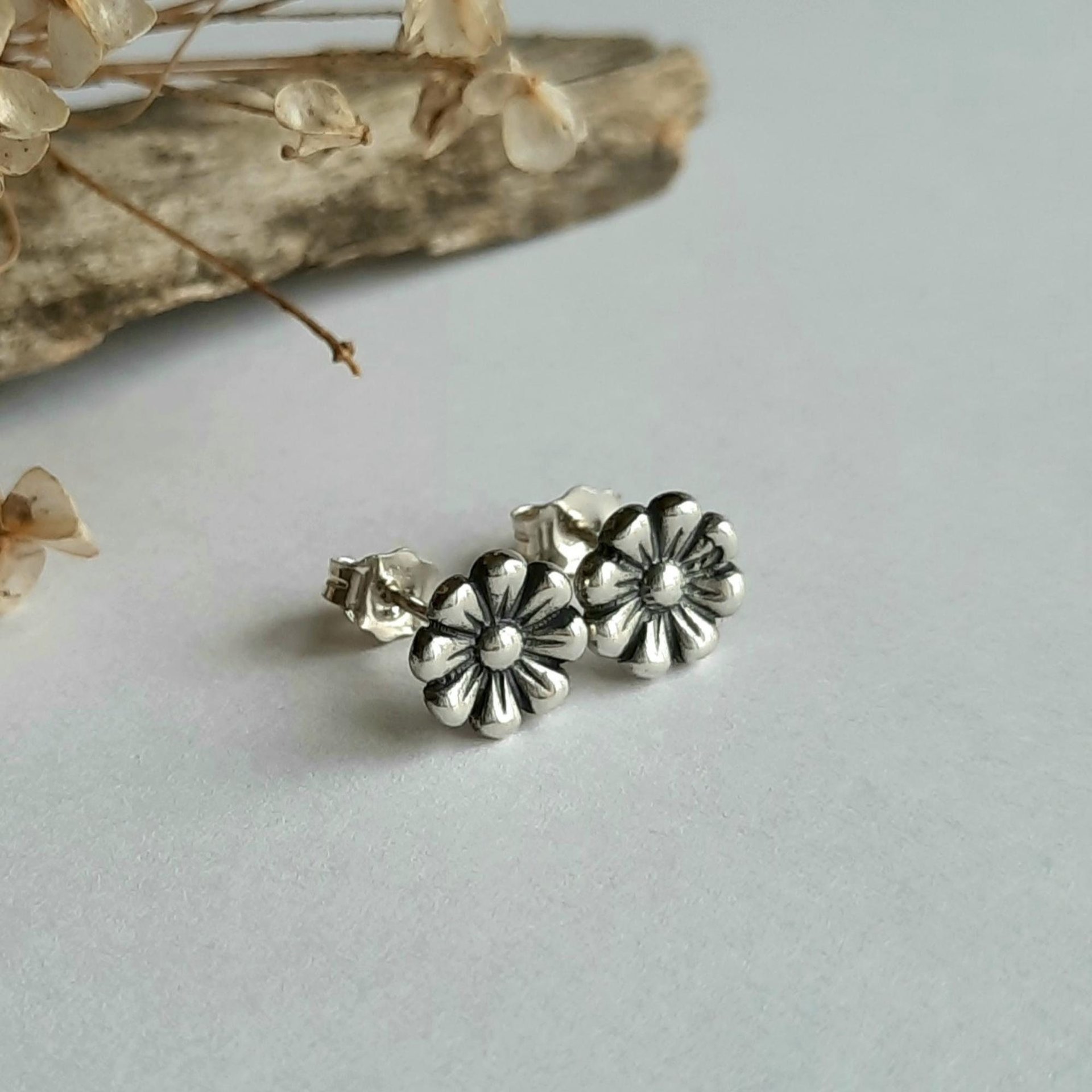 Oxidised Fine Silver Daisy Stud Earrings ~ April Birth Flower Studs ~ Handmade by The Tiny Tree Frog Jewellery