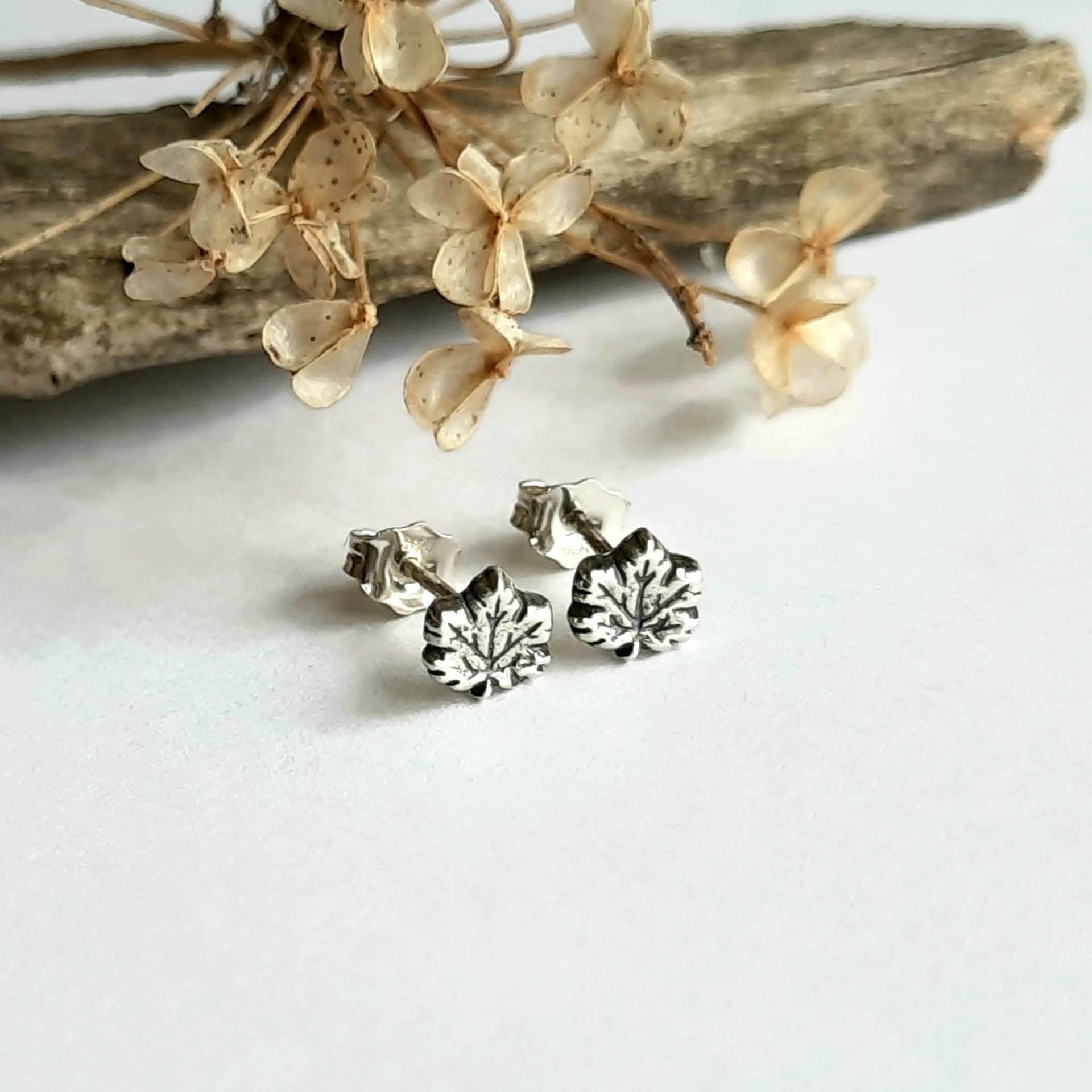 Oxidised Fine Silver Maple Leaf Stud Earrings ~ 6mm