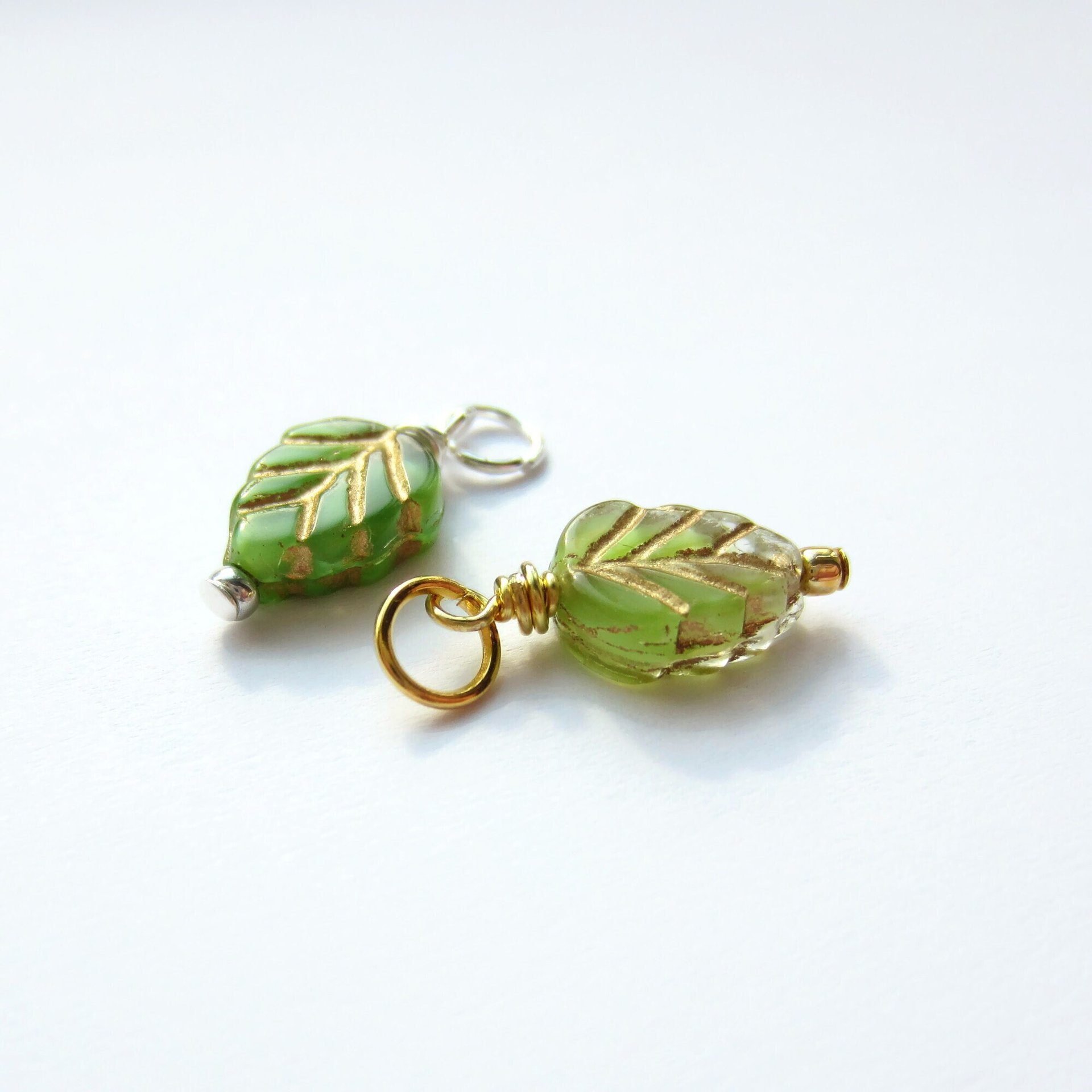 Green and Gold Czech Glass Leaf Charm ~ Handmade by The Tiny Tree Frog Jewellery