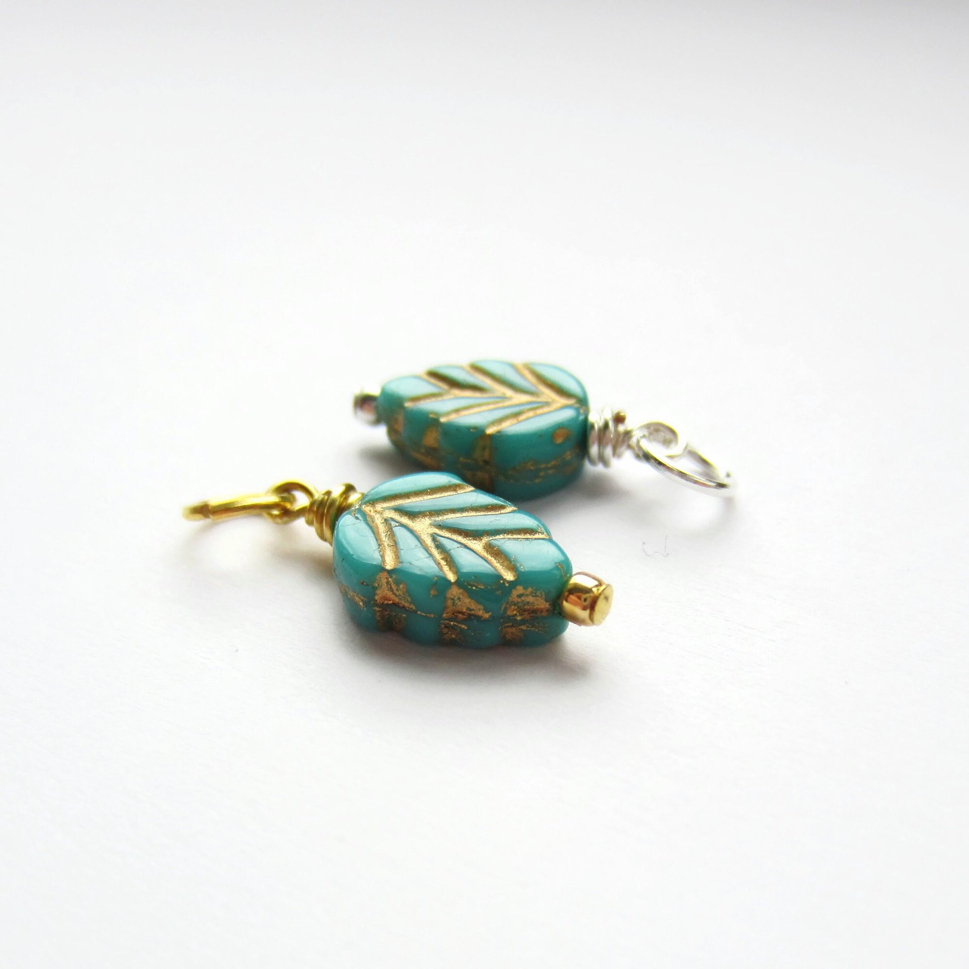 Turquoise Blue and Gold Czech Glass Leaf Charm ~ Handmade by The Tiny Tree Frog Jewellery