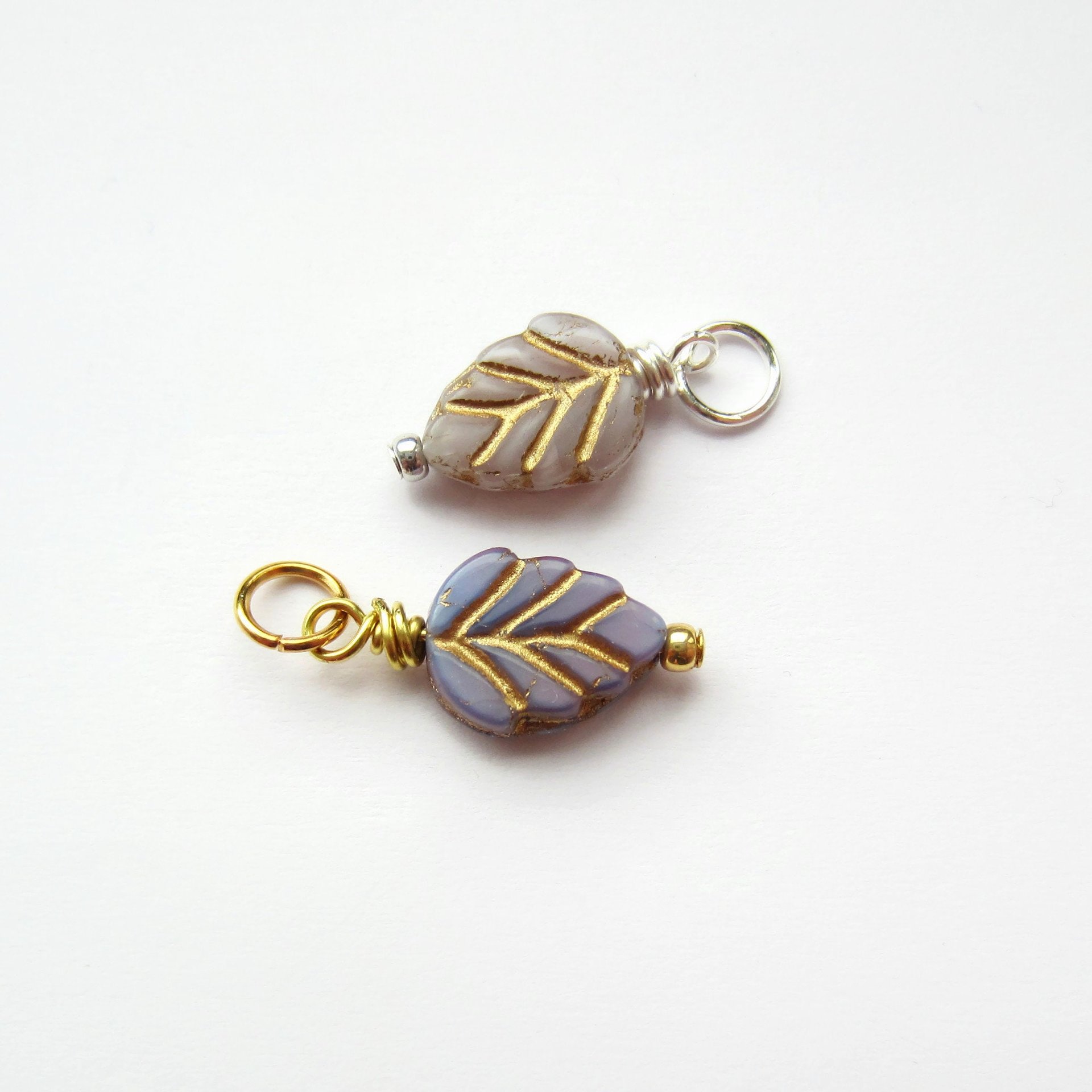Purple and Gold Czech Glass Leaf Charm  ~ Handmade by The Tiny Tree Frog Jewellery