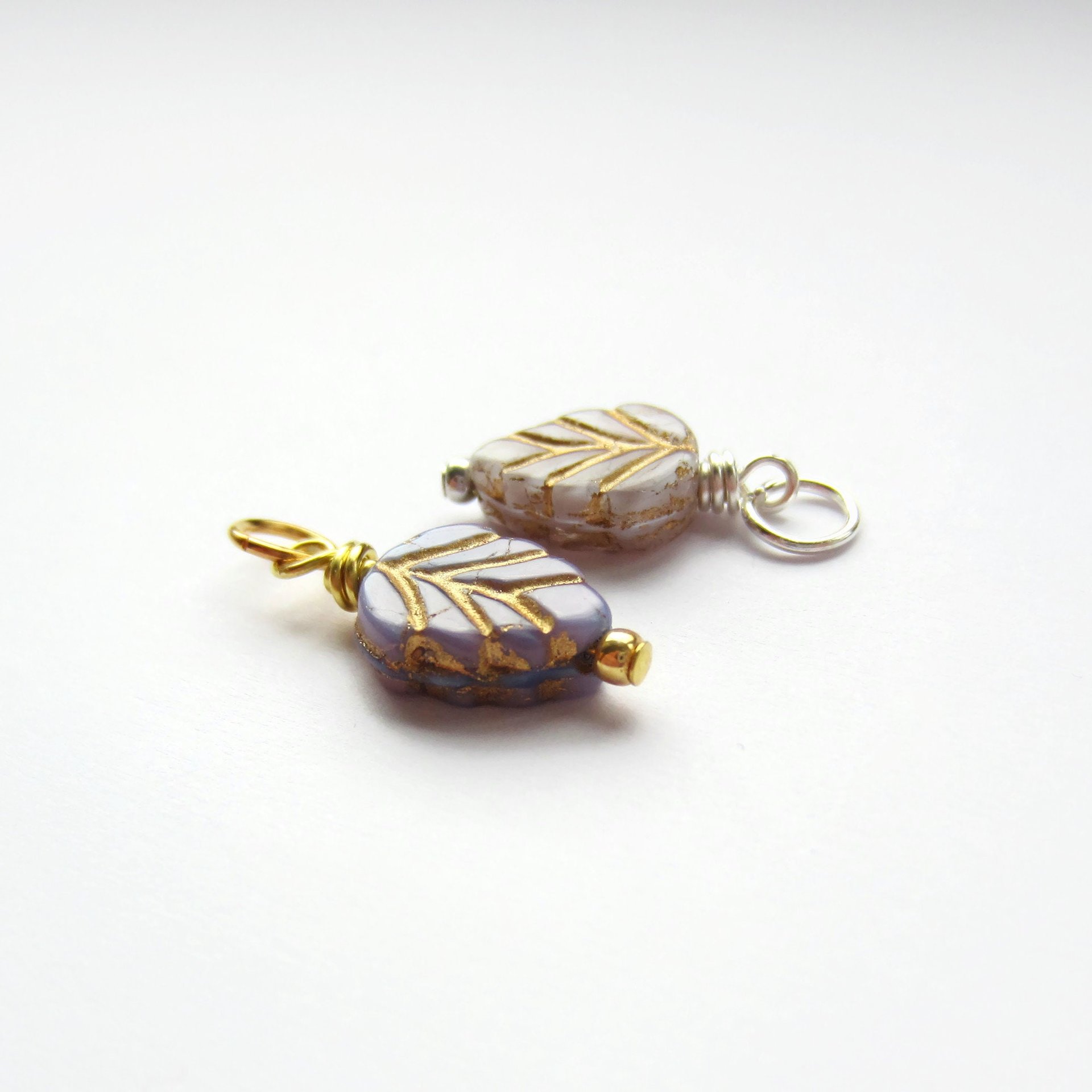 Purple and Gold Czech Glass Leaf Charm  ~ Handmade by The Tiny Tree Frog Jewellery