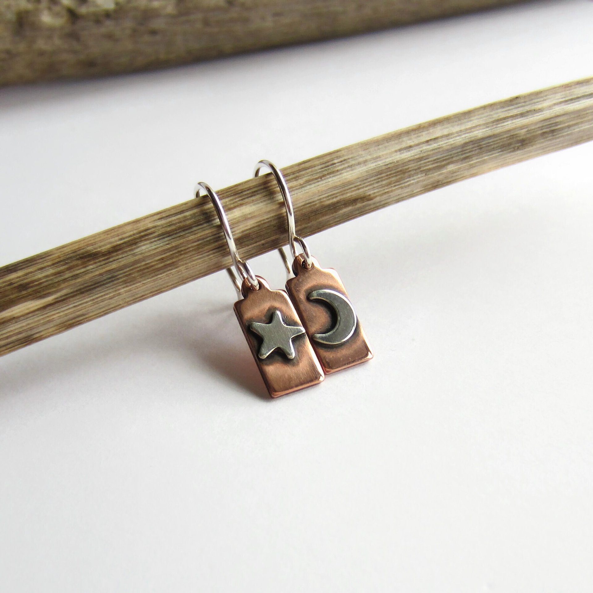 Crescent Moon and Star Copper and Sterling Silver Mismatched Drop Earrings