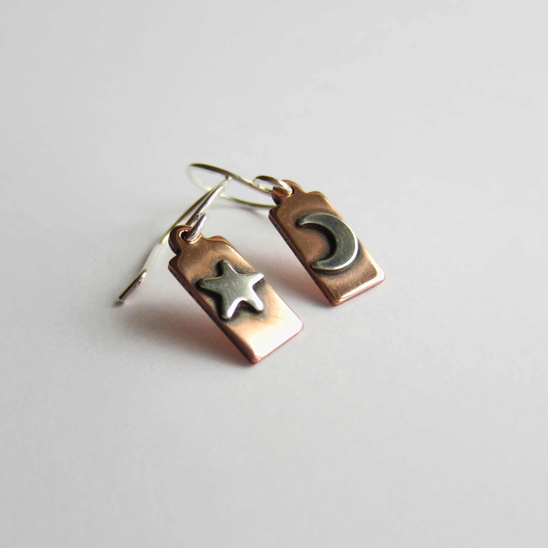 Crescent Moon and Star Copper and Sterling Silver Mismatched Drop Earrings