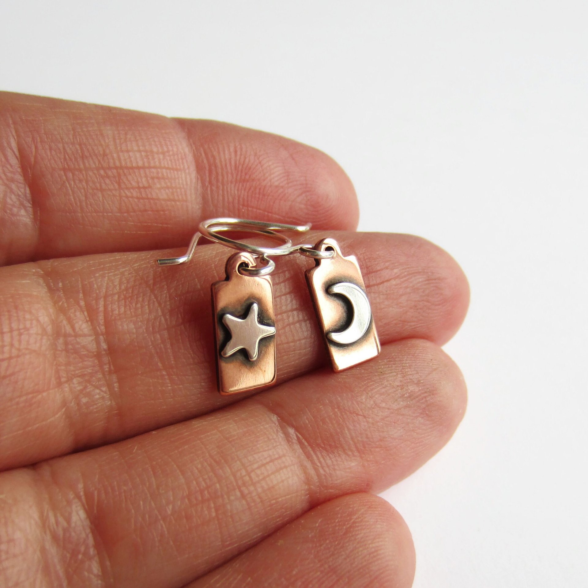 Crescent Moon and Star Copper and Sterling Silver Mismatched Drop Earrings