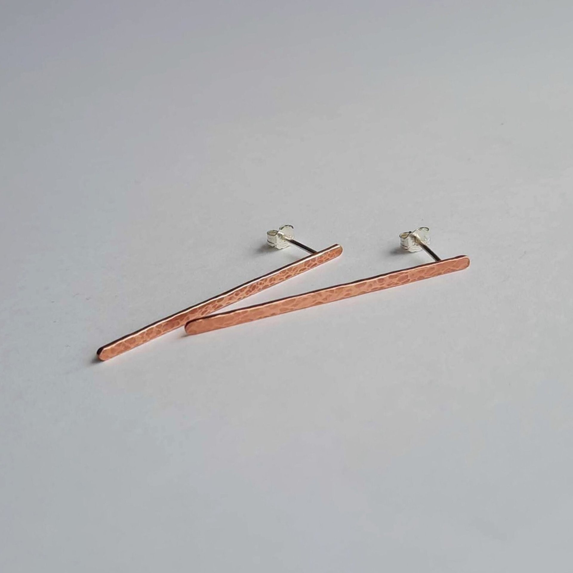 Hammered and Textured Copper and Sterling Silver Stick Earrings ~ Handmade by The Tiny Tree Frog Jewellery