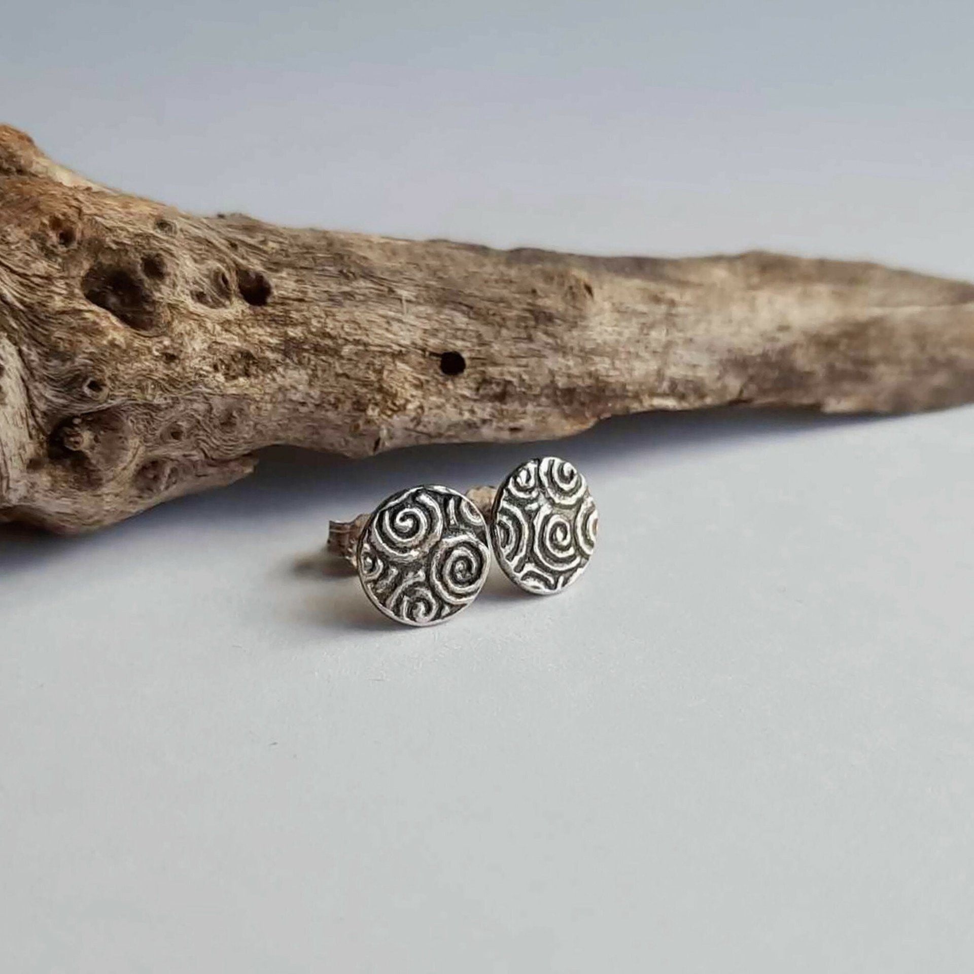 Oxidised Fine Silver and Sterling Silver Spiral Pattern Stud Earrings ~ Handmade by The Tiny Tree Frog Jewellery