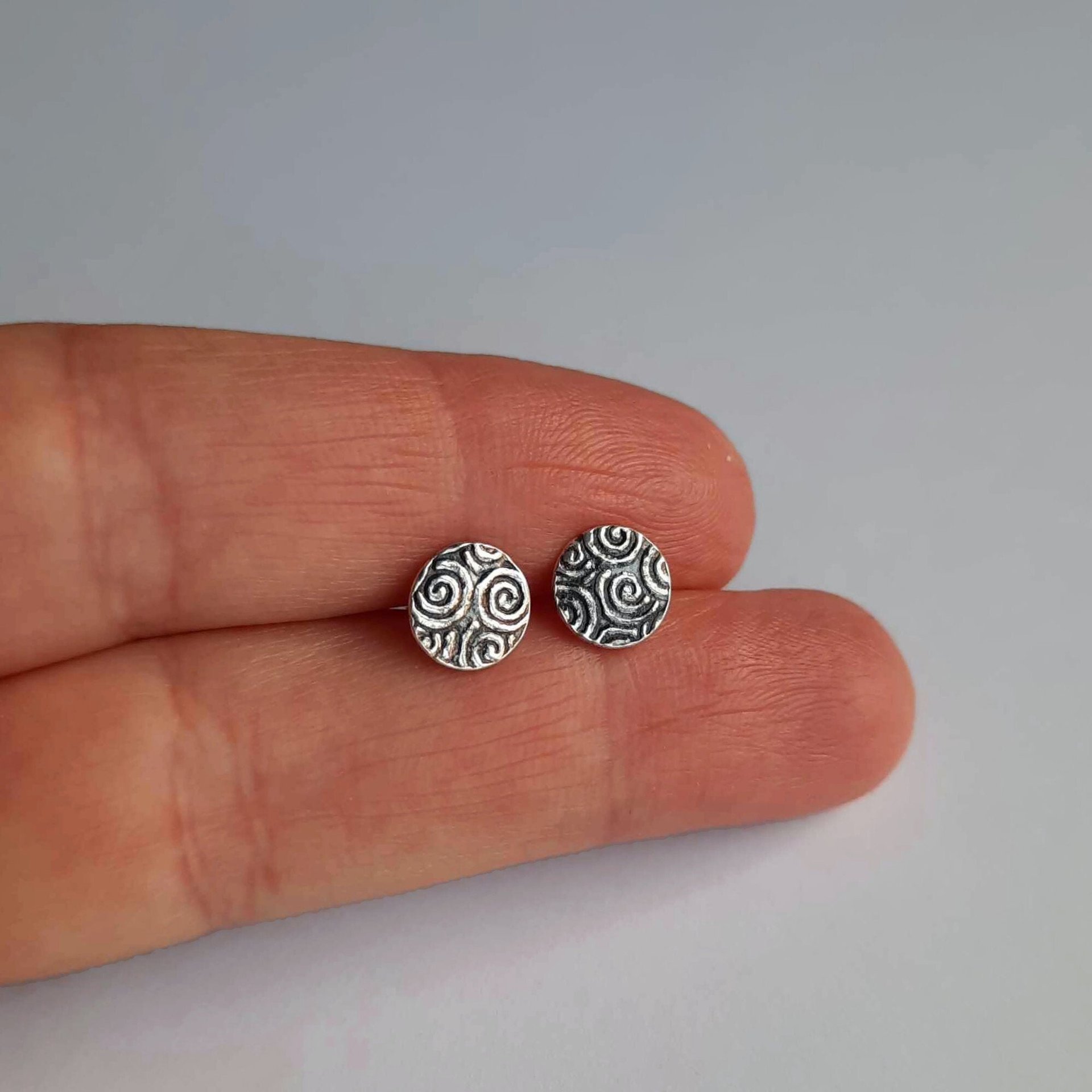 Oxidised Fine Silver and Sterling Silver Spiral Pattern Stud Earrings ~ Handmade by The Tiny Tree Frog Jewellery