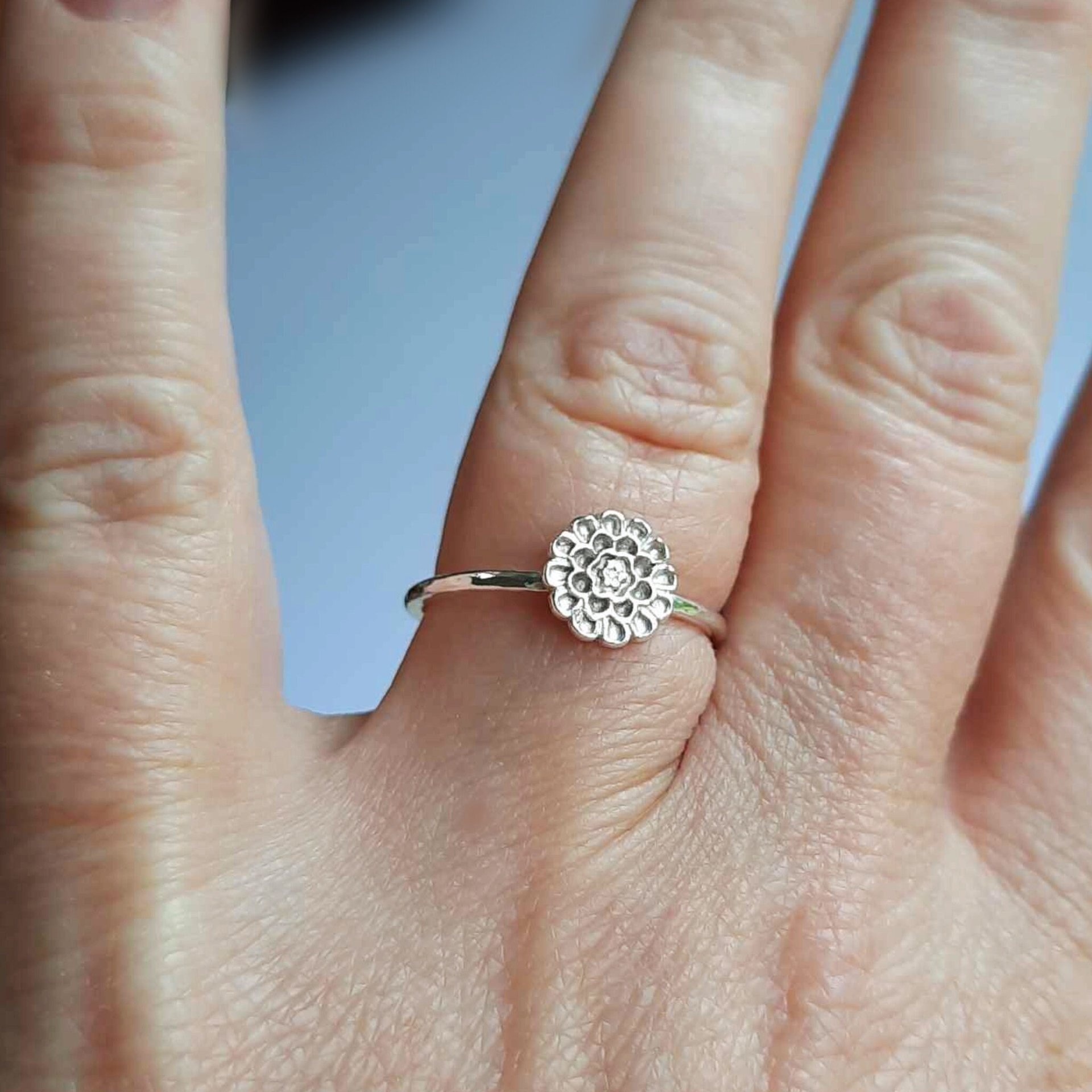 Dainty sterling silver and fine silver flower ring, hand crafted by The Tiny Tree Frog Jewellery