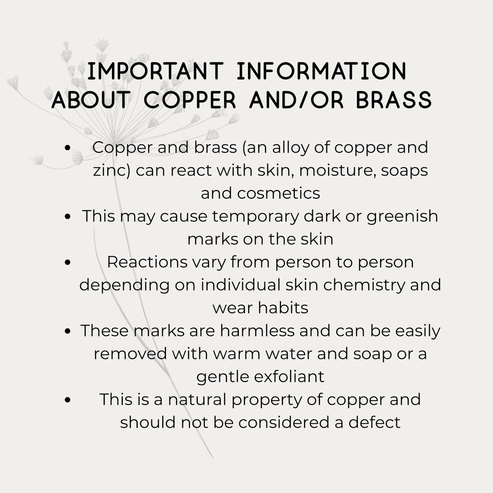 Infographic giving important information about copper and brass jewellery, including possible skin reactions and temporary marks.
